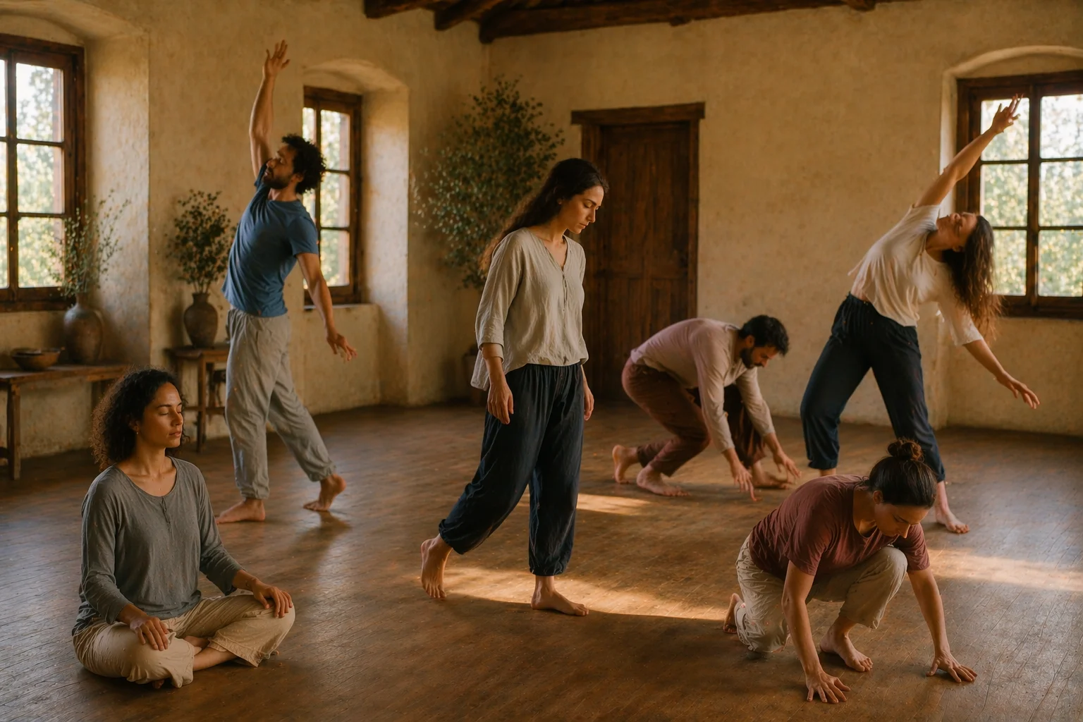 Piccolo gruppo in movimento libero in uno spazio con pavimento in legno
