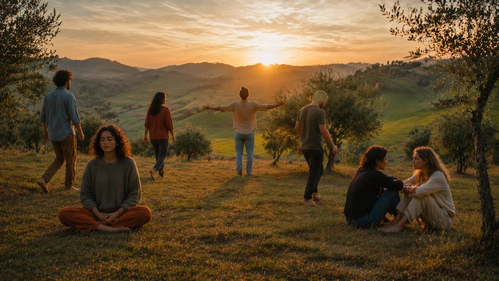 Gruppo in un ritiro tra le colline umbre al tramonto