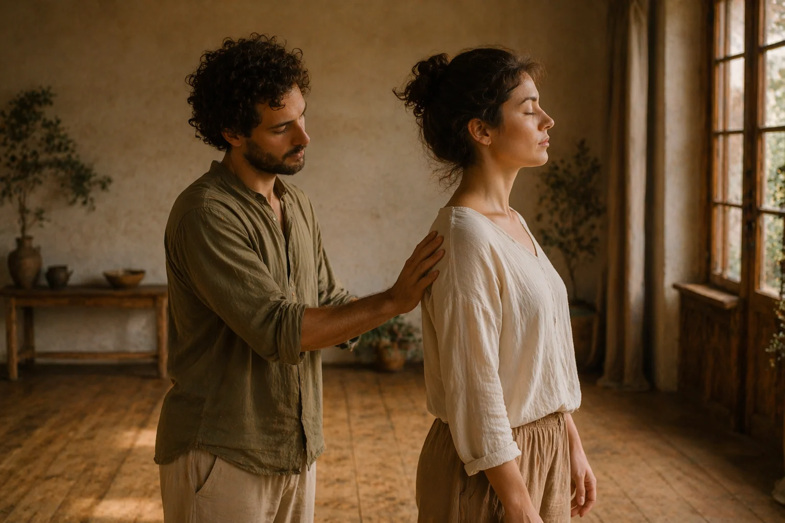 Guida individuale attraverso il tocco — una mano sulla spalla, occhi chiusi