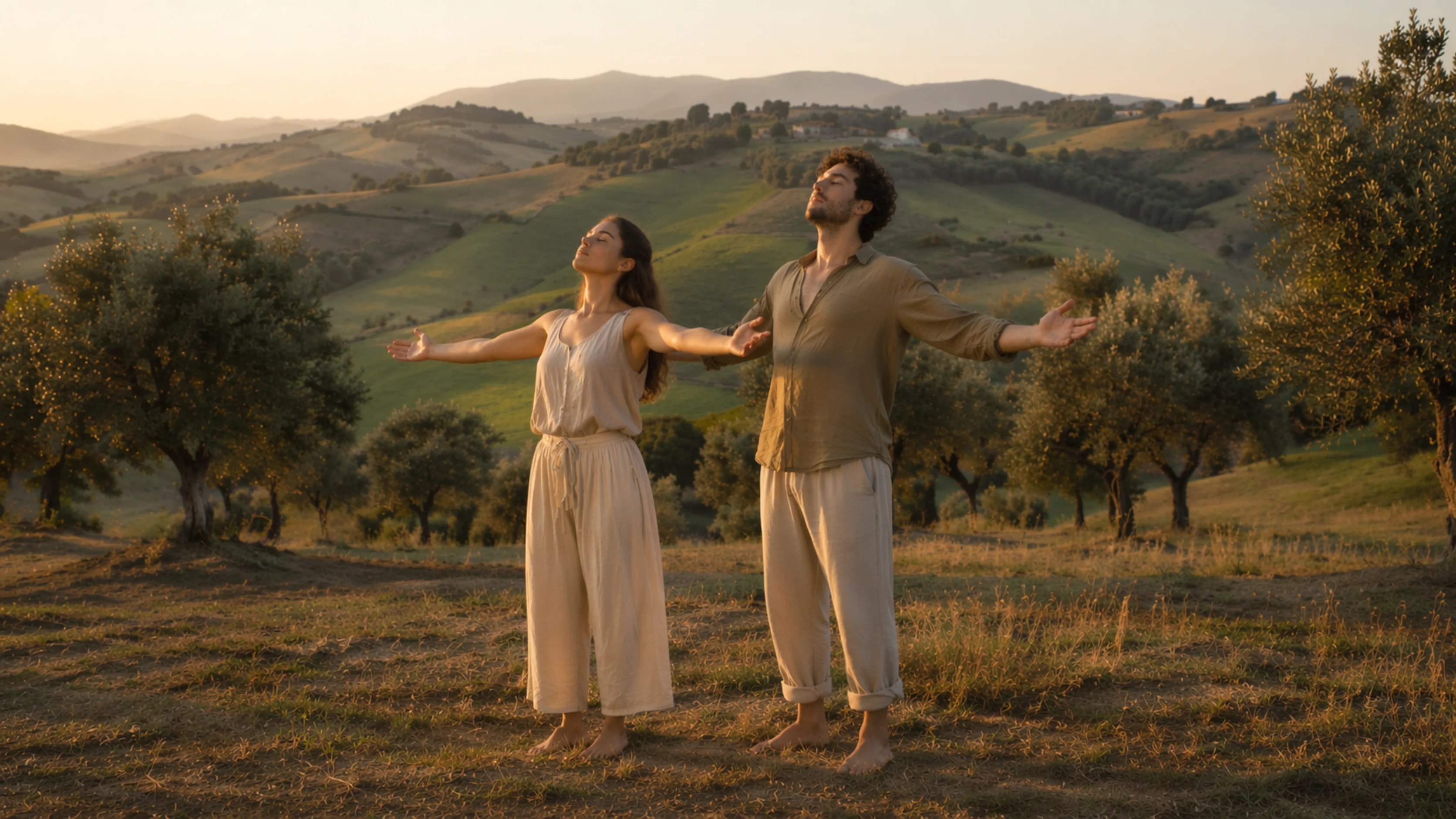 Una donna e un uomo in movimento consapevole tra le colline umbre al tramonto